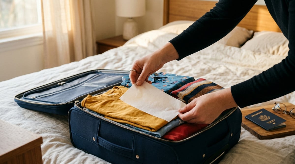 Lingette sèche placée entre des vêtements pliés dans une valise