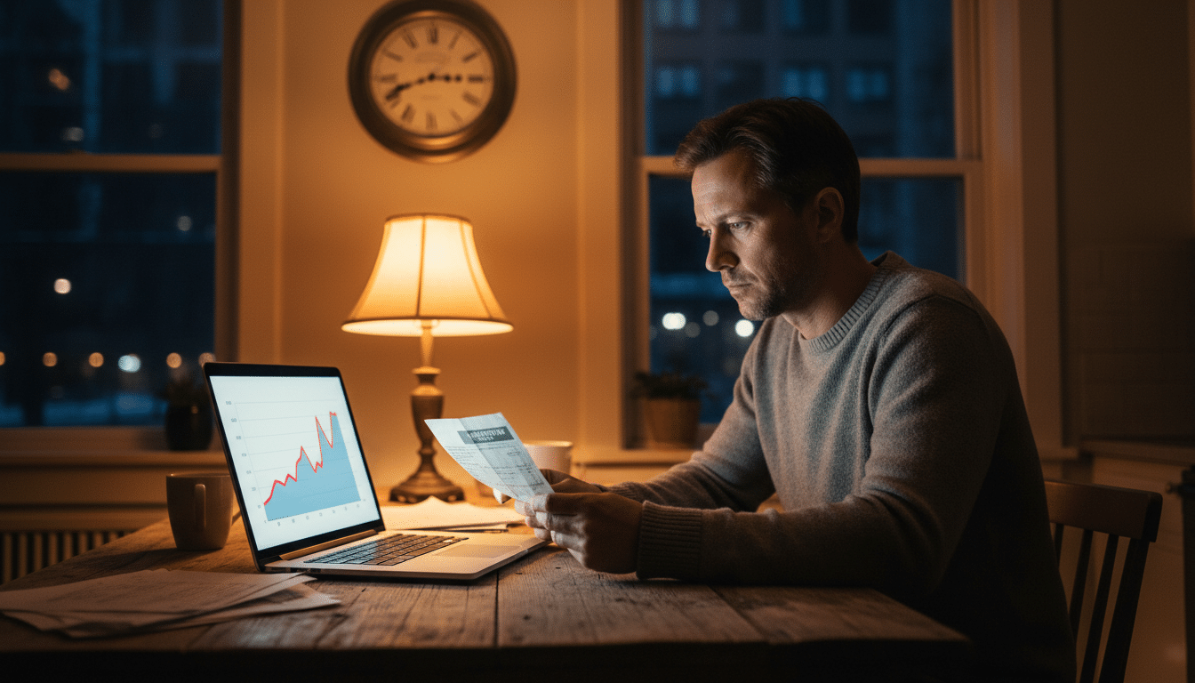 Personne inquiète vérifiant sa facture d'électricité la nuit