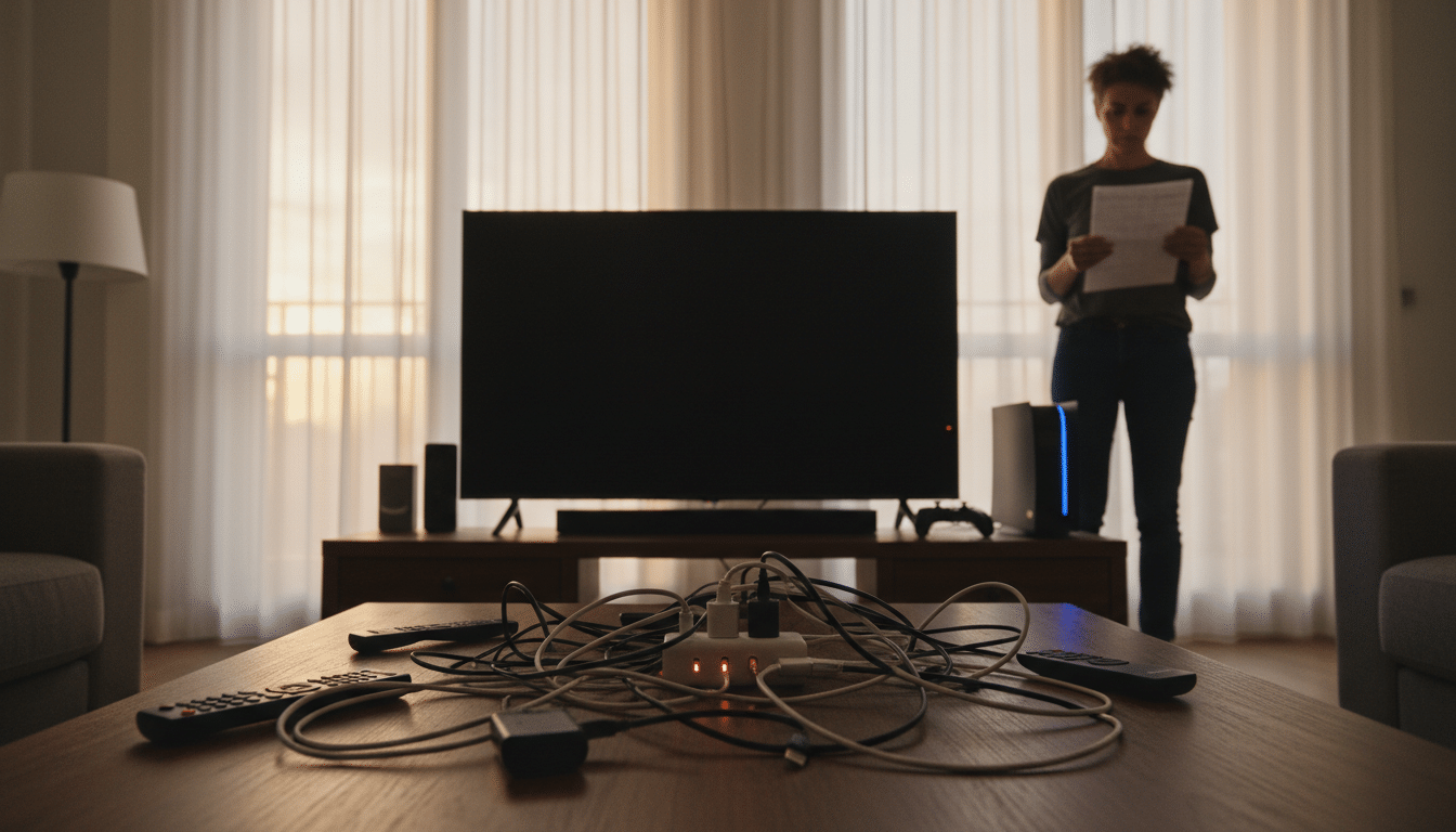 Salon avec appareils en veille et facture d'électricité