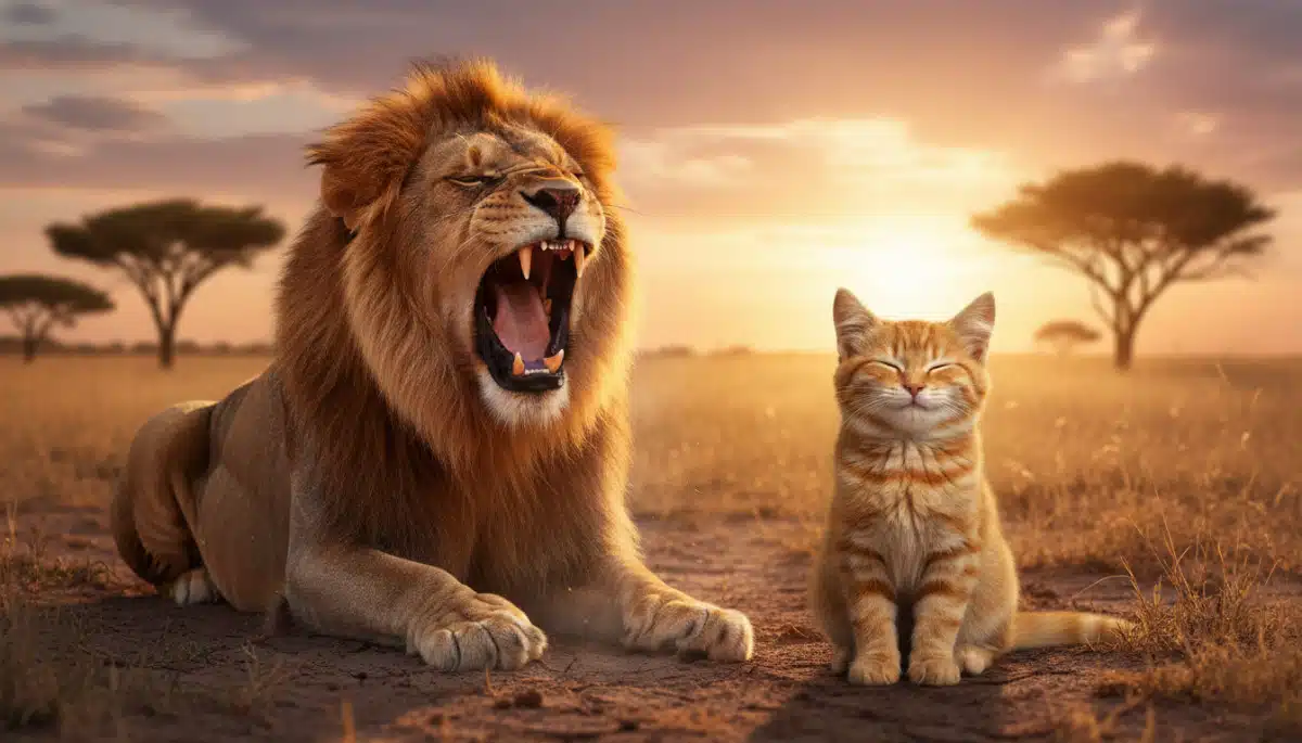 Lion qui rugit à côté d'un chat domestique