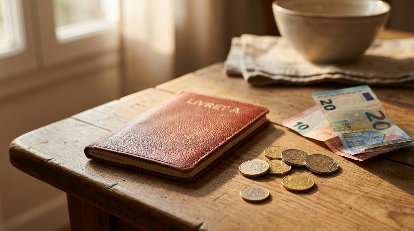 Livret d'épargne posé sur une table avec pièces et billets en euros