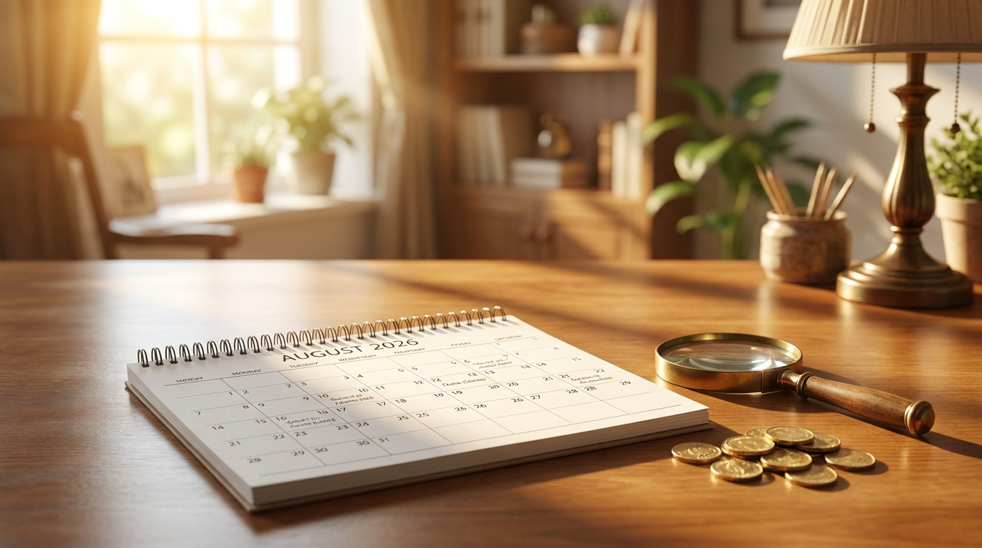 Calendrier ouvert sur un bureau avec pièces dorées et loupe