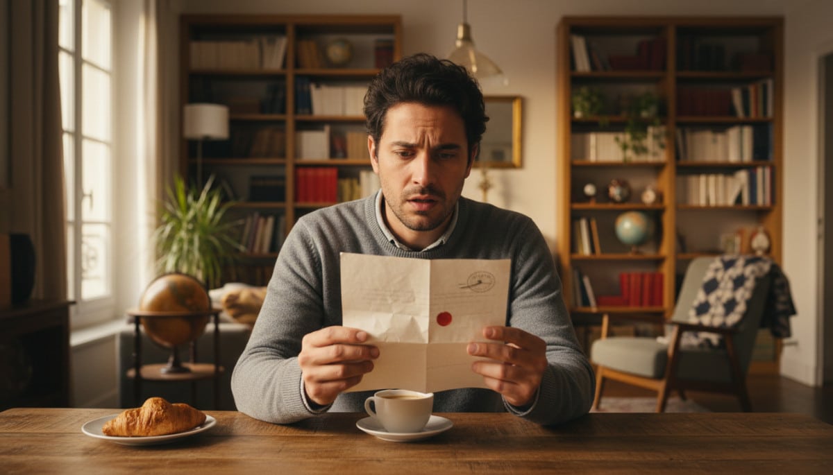 Locataire inquiet lisant une lettre de réclamation de loyer