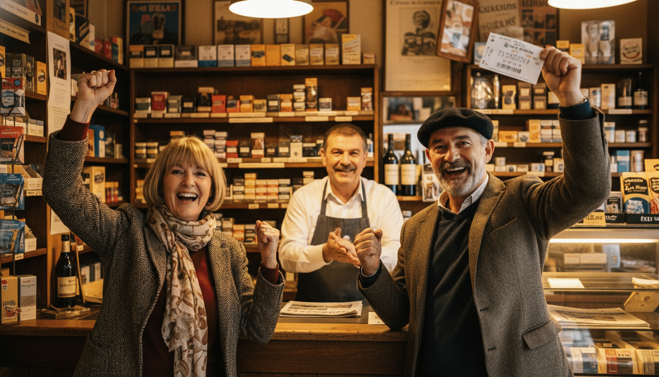 Couple célébrant un gain au Loto en bureau de tabac