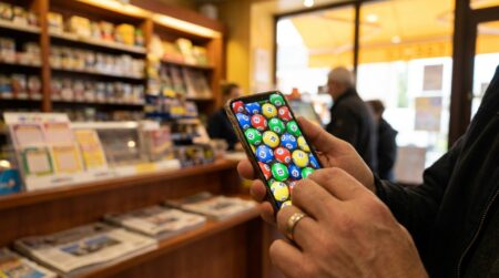 Main tenant un smartphone affichant des boules de loterie