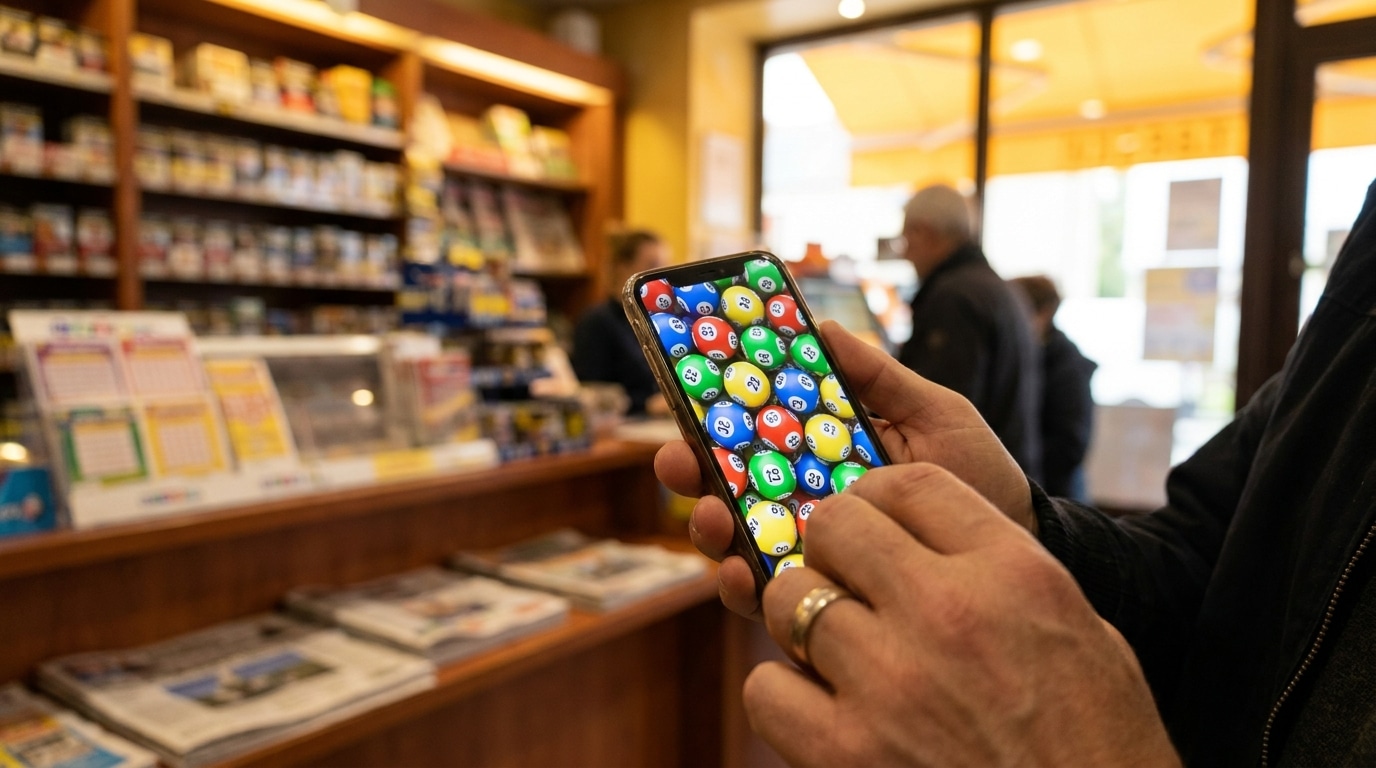 Main tenant un smartphone affichant des boules de loterie
