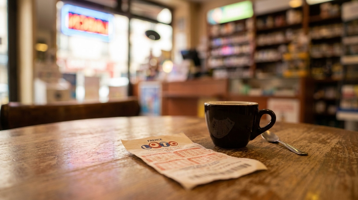 Grille de Loto posée sur une table de café en bois