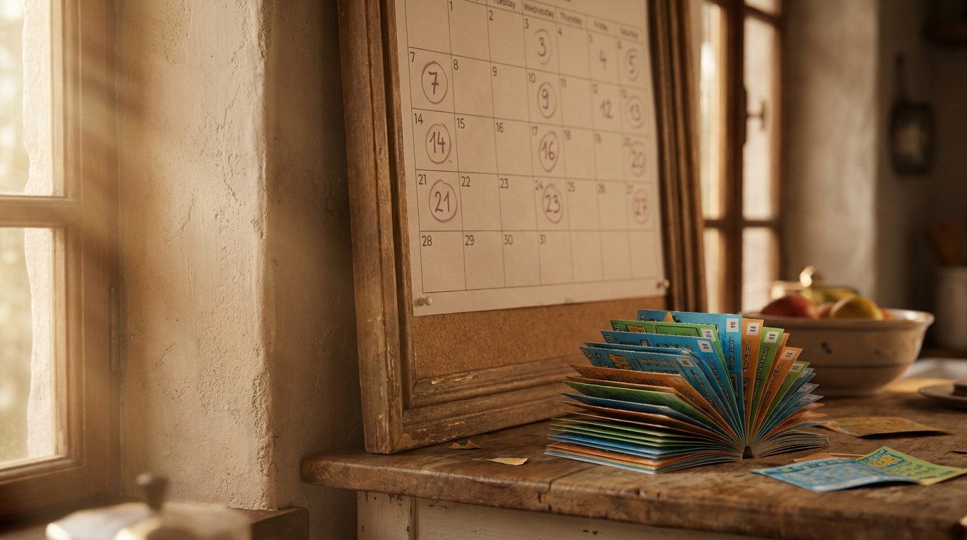 Calendrier mural avec dates entourées et tickets de loterie
