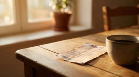 Grille de Loto posée sur une table en bois avec café