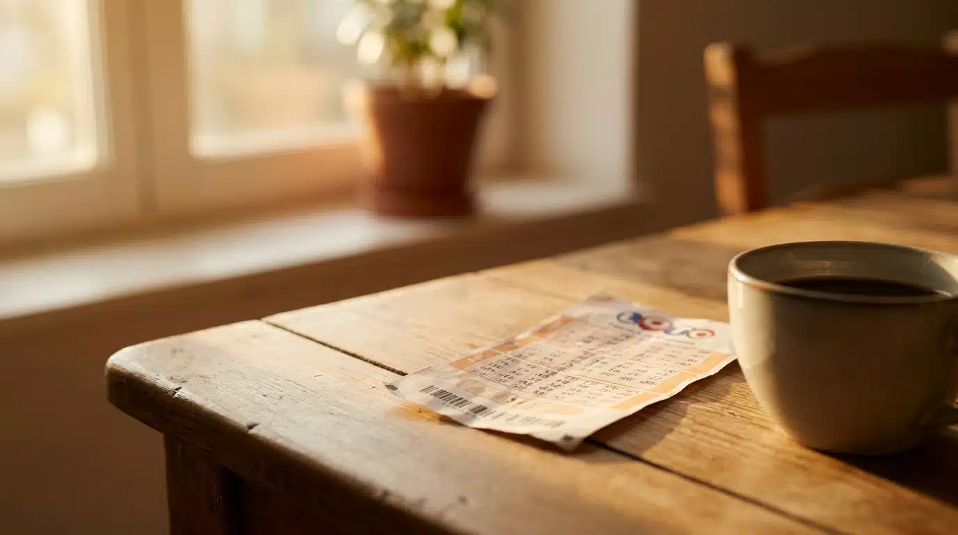 Grille de Loto posée sur une table en bois avec café
