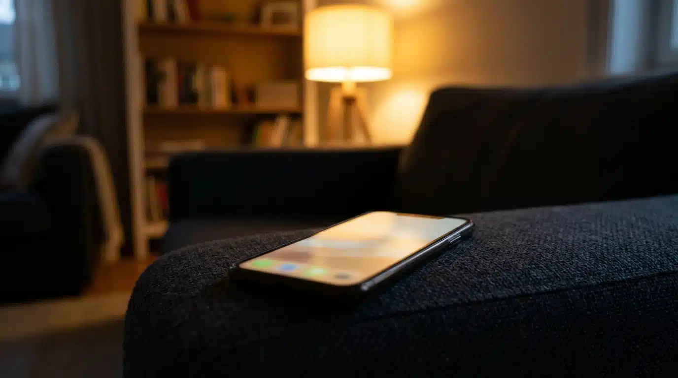 Smartphone posé sur un accoudoir de canapé le soir