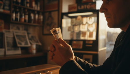 Main tenant un ticket de Loto dans un bureau de tabac