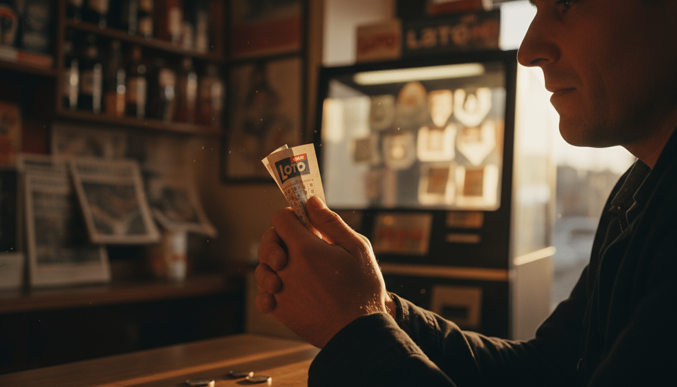 Main tenant un ticket de Loto dans un bureau de tabac