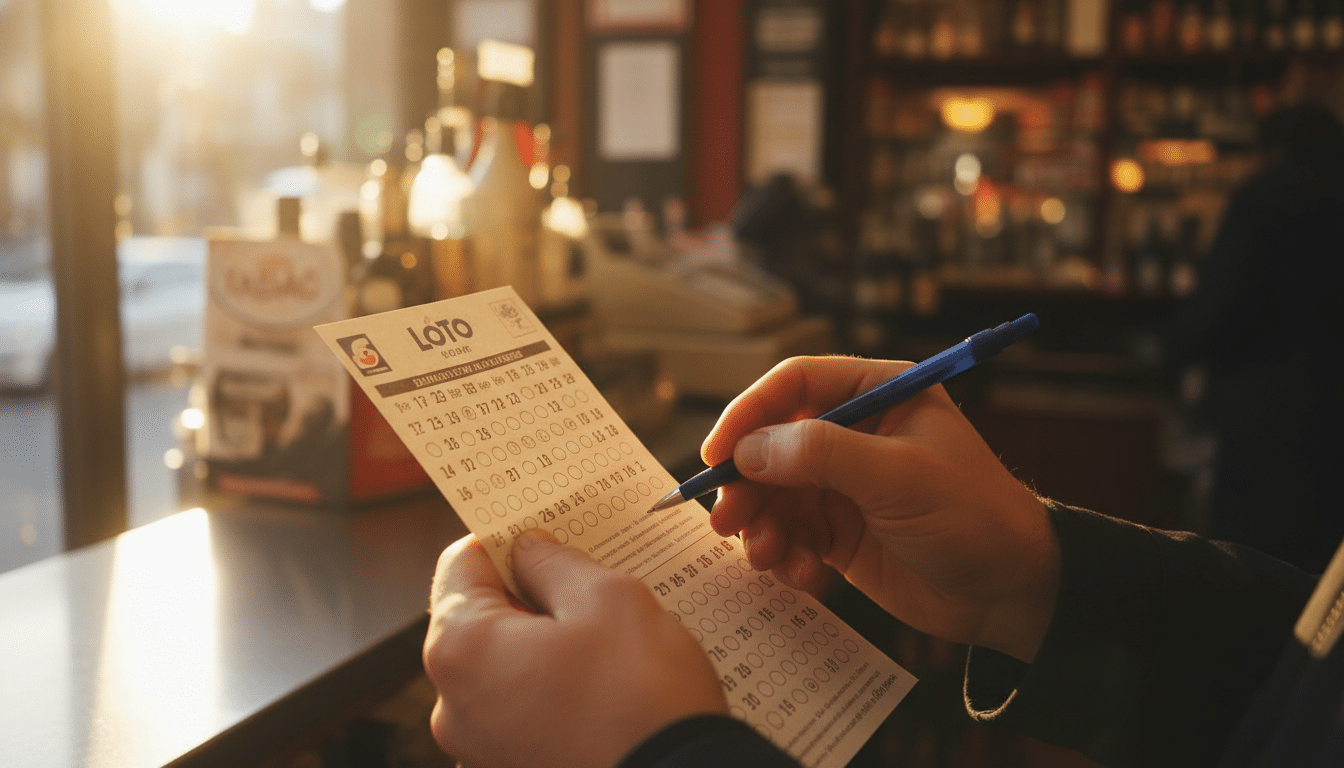 Main remplissant une grille de Loto FDJ