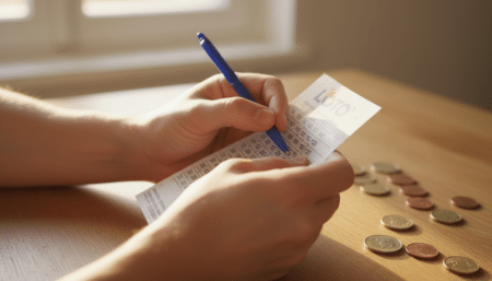 Main remplissant une grille de Loto