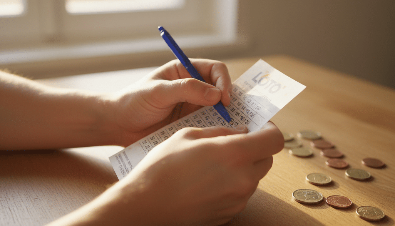 Main remplissant une grille de Loto