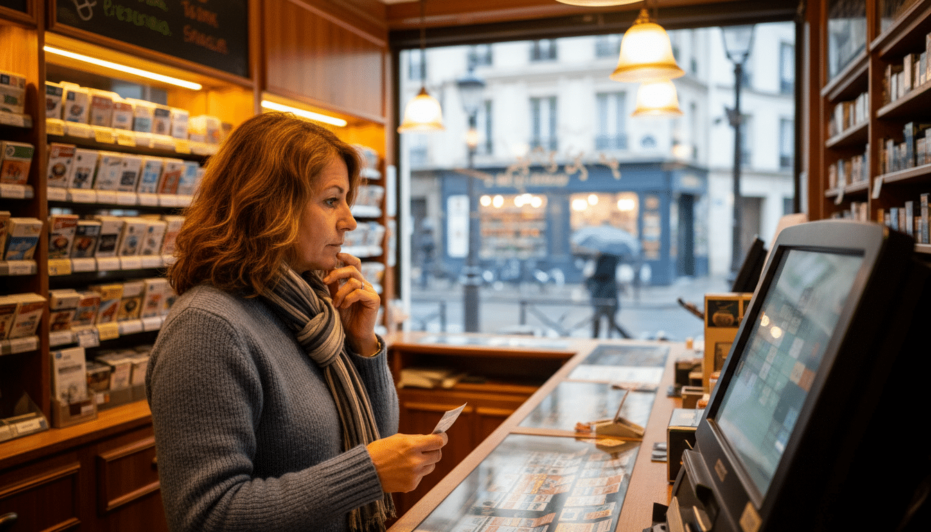Joueuse devant un terminal de loterie en bureau de tabac
