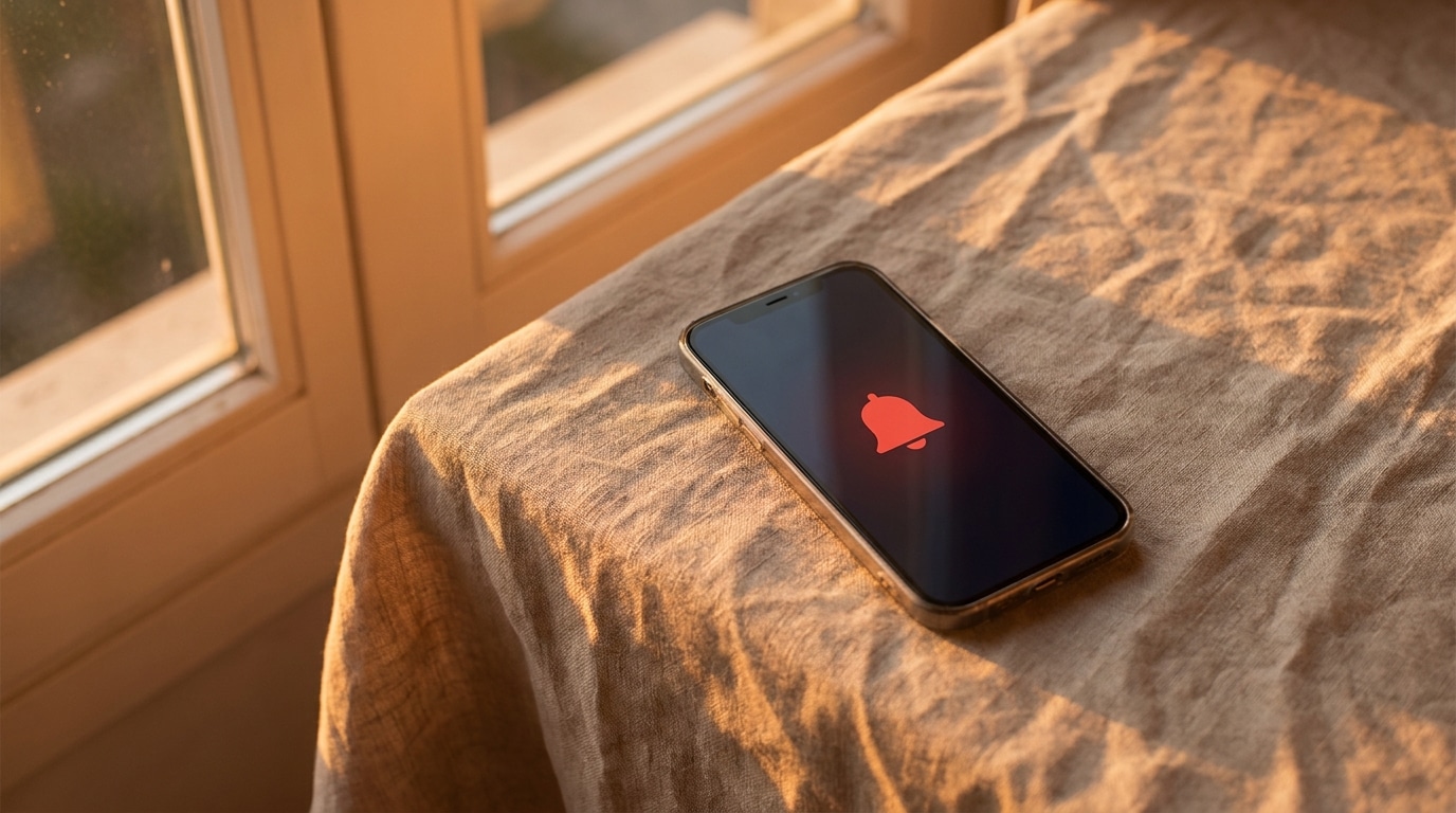 Smartphone affichant une notification sur une nappe en lin
