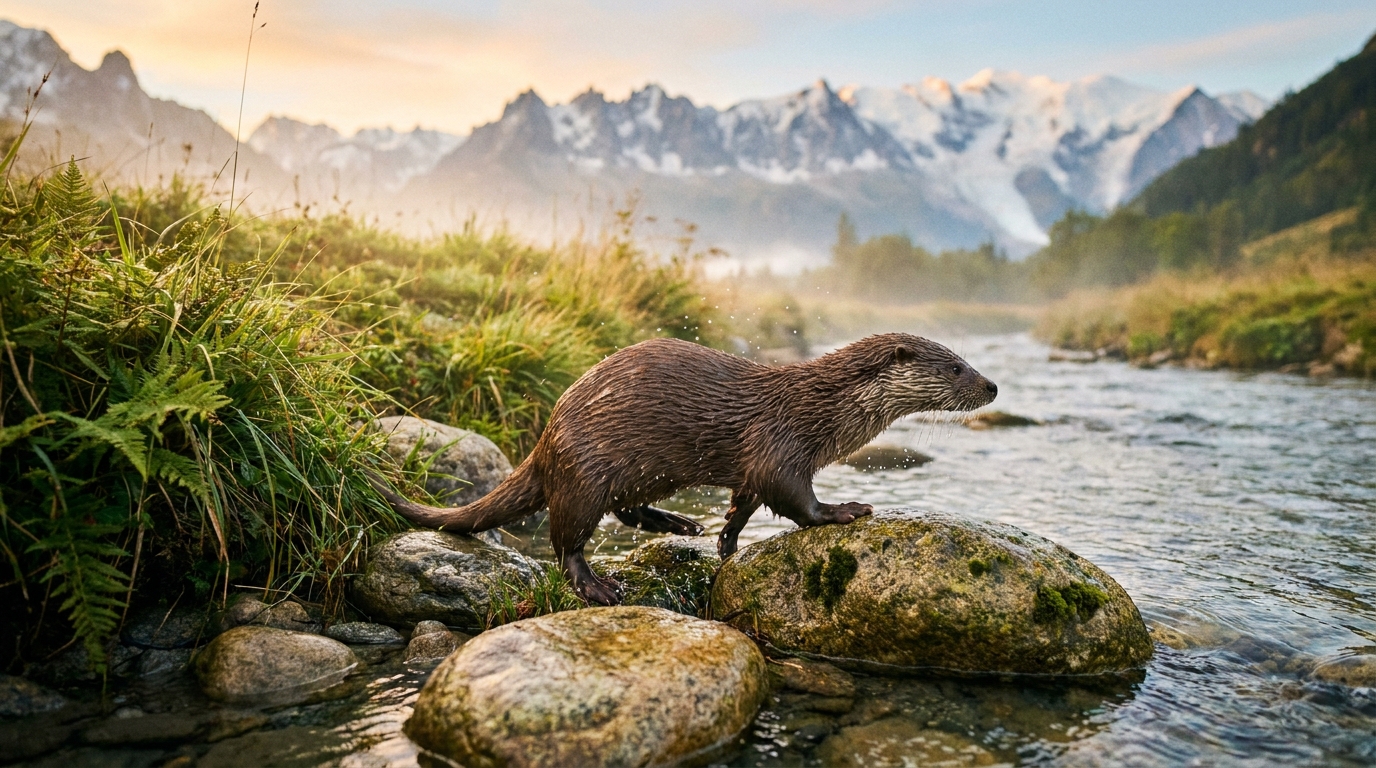 Loutre sauvage au bord d'une rivière alpine au lever du soleil