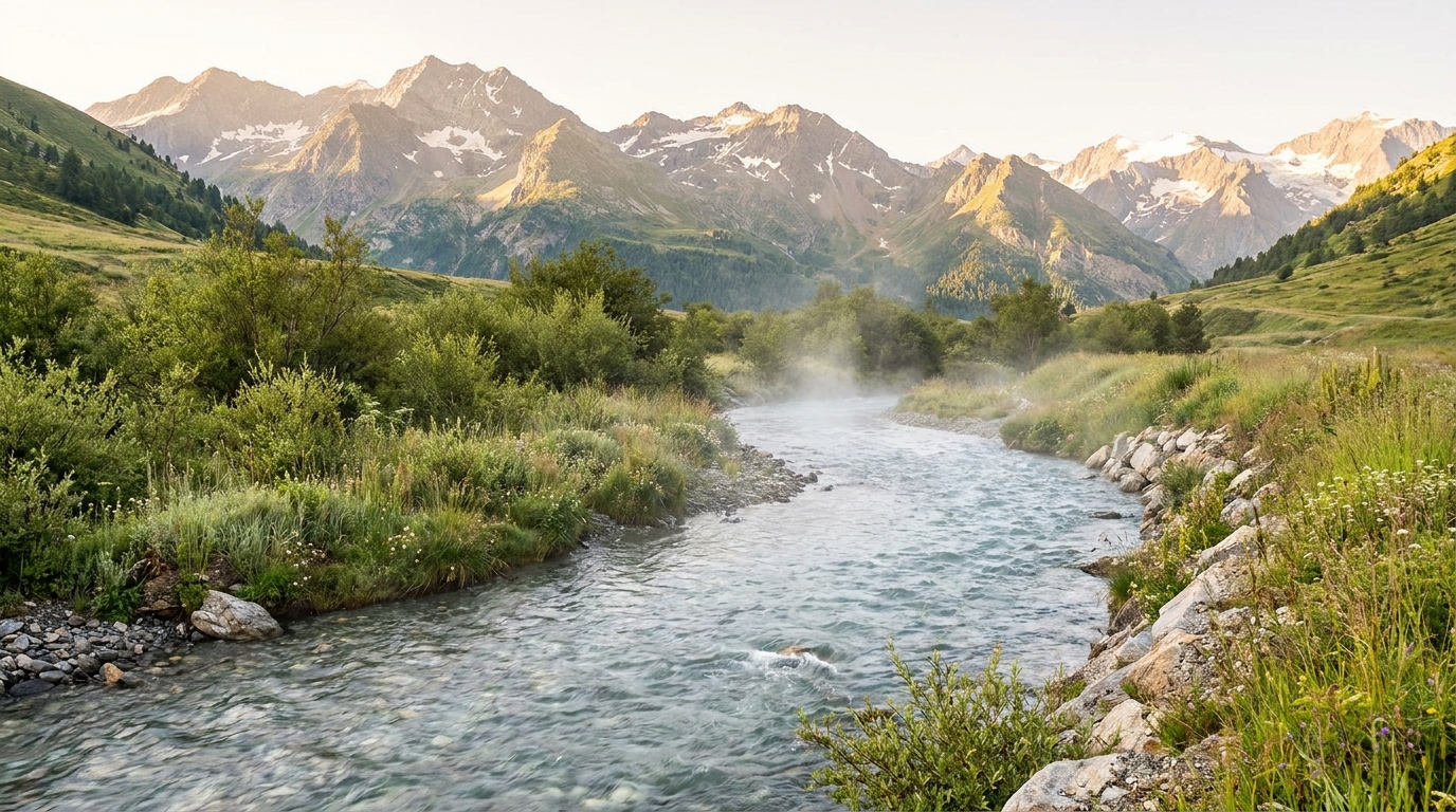 Rivière naturelle restaurée dans une vallée des Alpes françaises