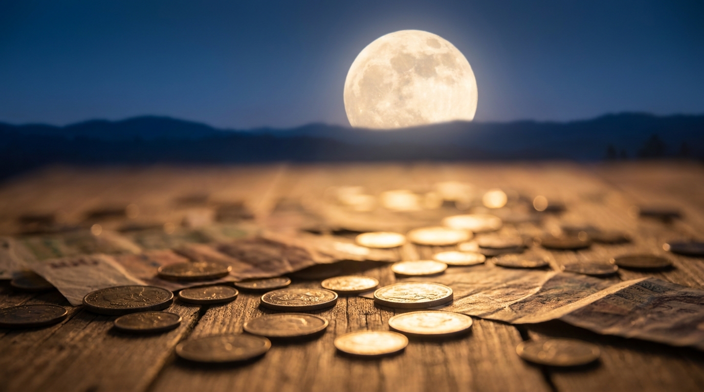 Pleine lune dorée au-dessus de pièces sur une table