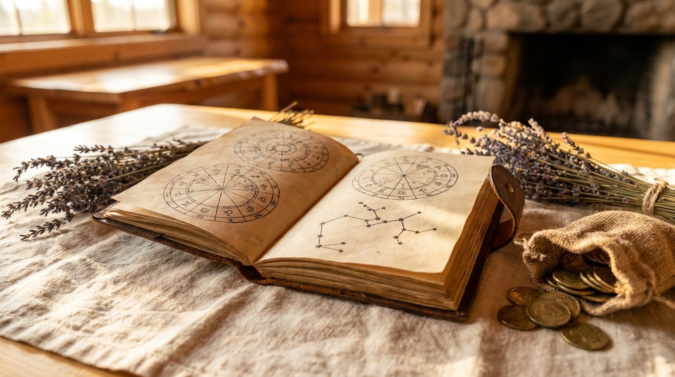 Carnet astrologique ouvert avec constellation du Sagittaire