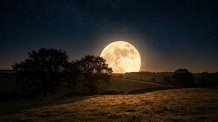 Pleine lune lumineuse se levant au-dessus d'un paysage de campagne