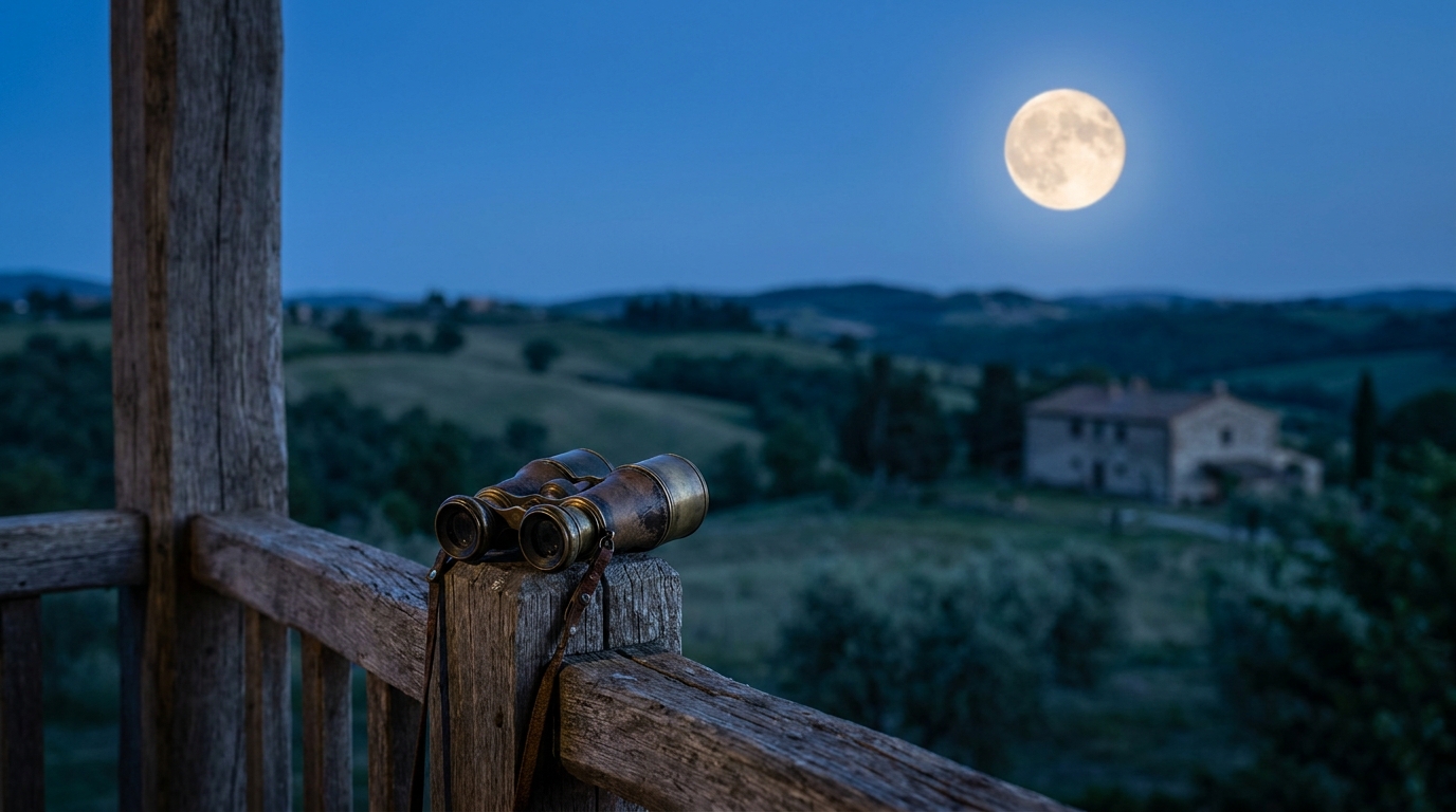 Jumelles posées sur une rambarde face à la pleine lune