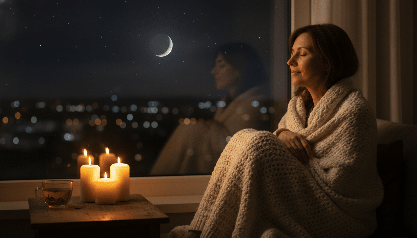 Femme sereine près d'une fenêtre sous la lune décroissante