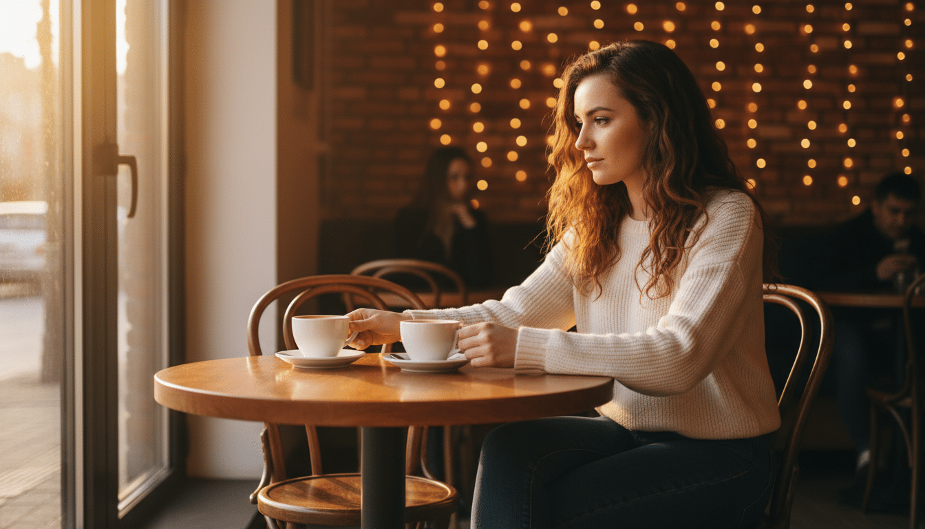 Femme seule au café refusant une invitation sociale