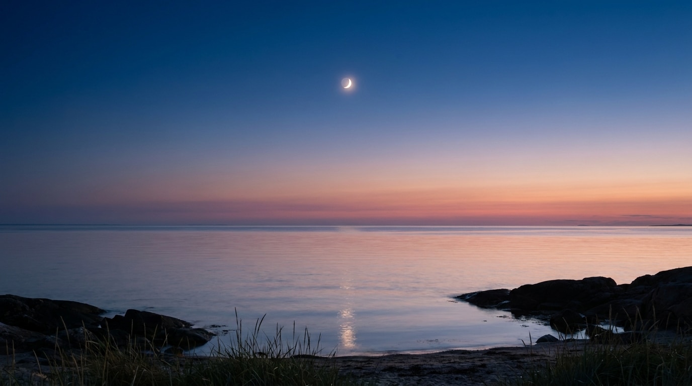 Croissant de lune au-dessus d'une mer calme au crépuscule