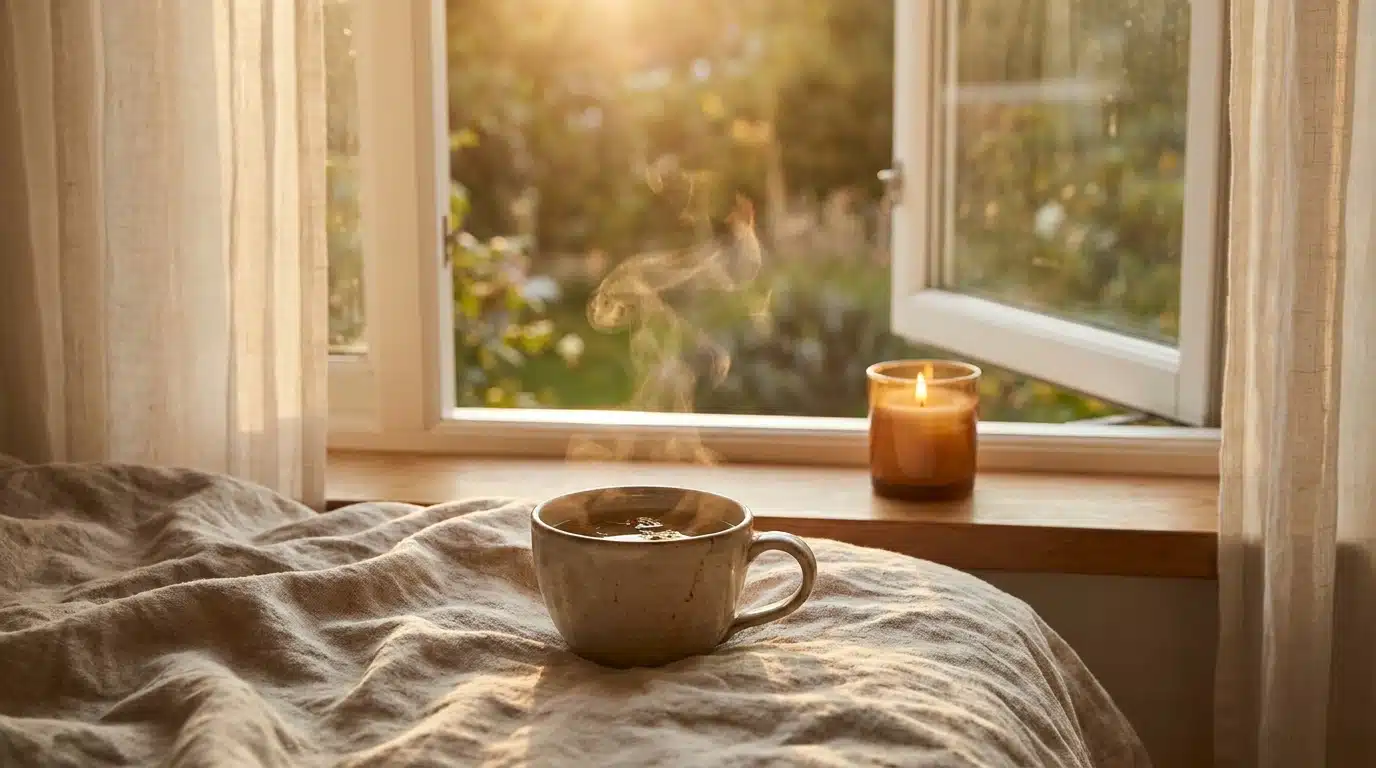 Tasse de tisane fumante près d'une fenêtre au coucher du soleil