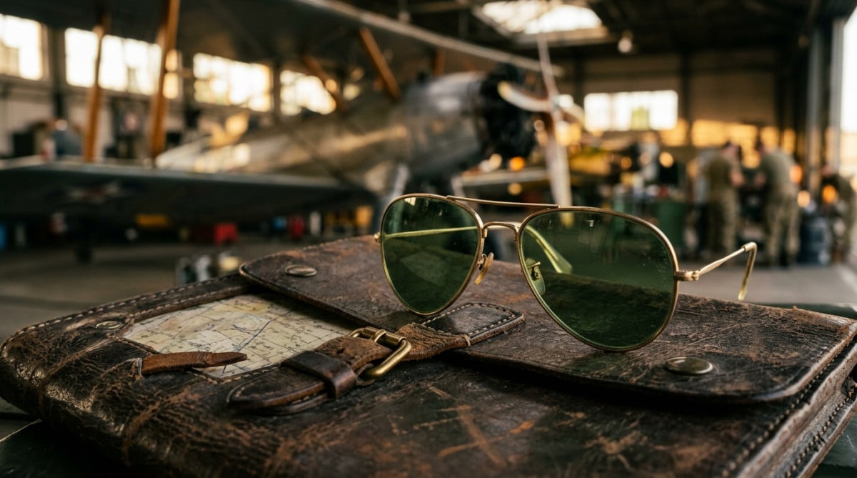 Lunettes aviateur Ray-Ban vintage à verres verts sur carte militaire