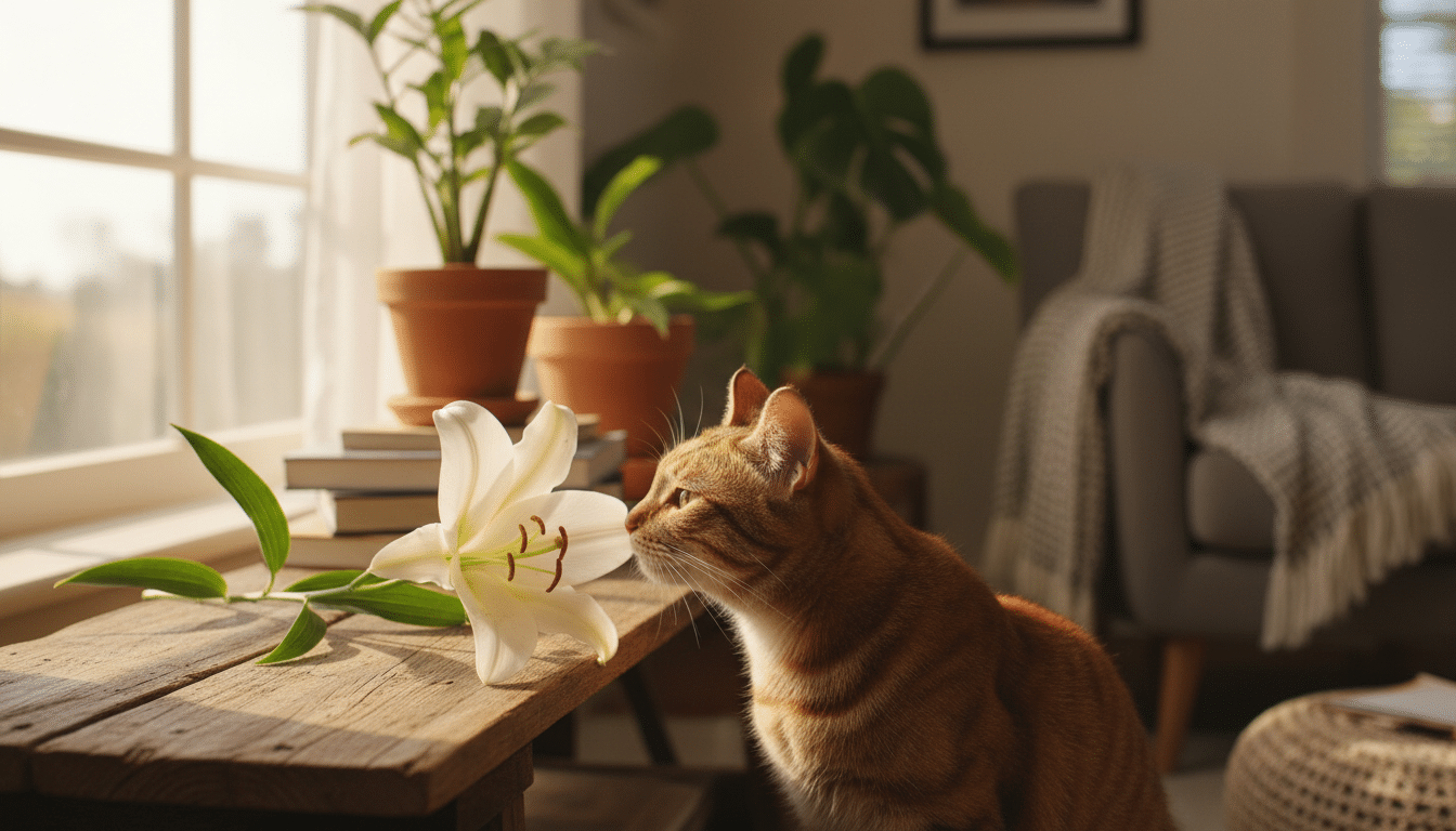 Chat tigré reniflant un lys blanc dans un salon