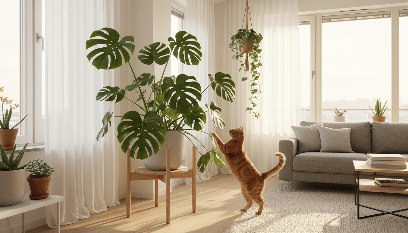 Chat orange jouant avec un pothos près d'un monstera