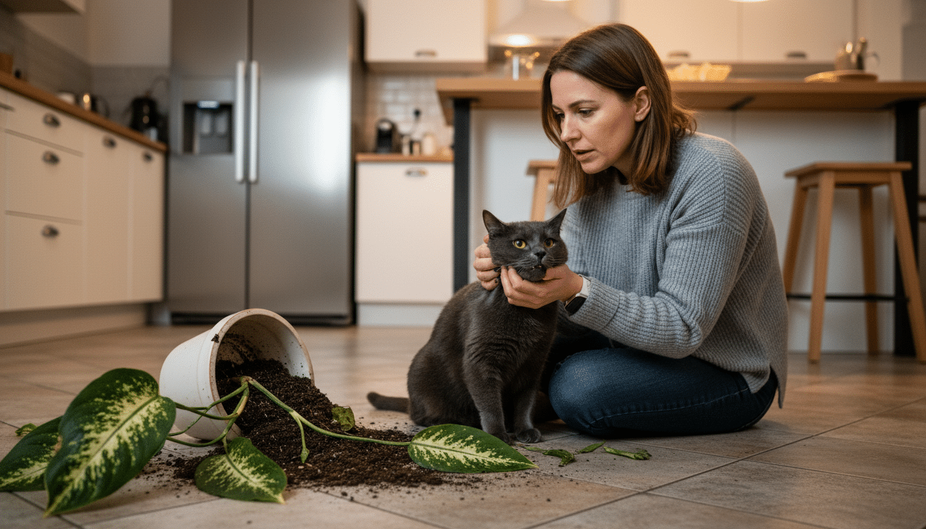 Femme vérifiant la bouche de son chat près d'un dieffenbachia renversé