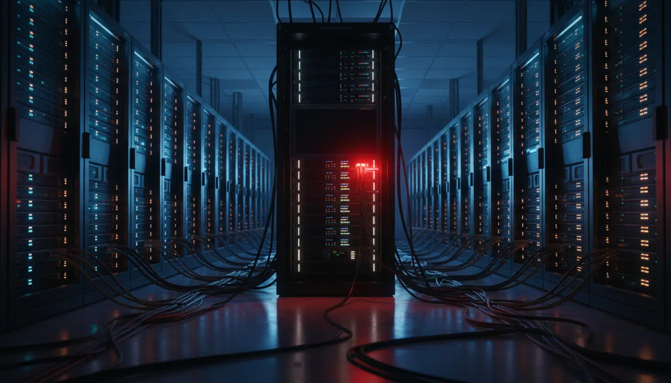 Salle de serveurs informatiques avec un voyant rouge d'alerte