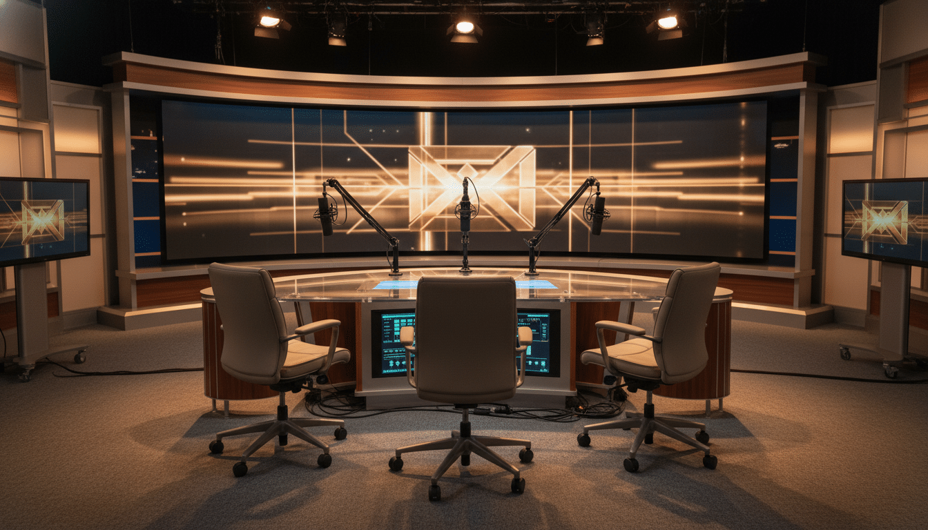 Studio de diffusion professionnel avec microphones, évoquant l'univers médiatique de la Coupe du monde