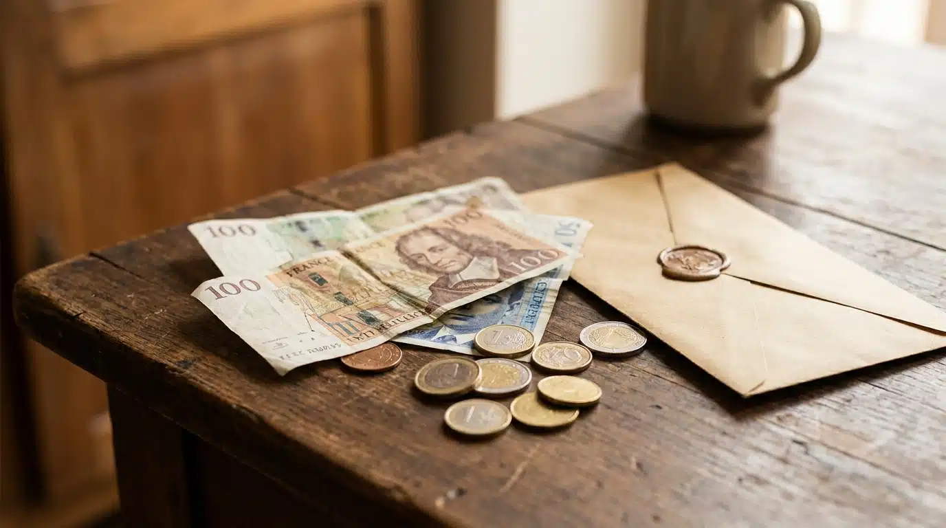 Billets et pièces éparpillés sur une table sombre près d'une enveloppe