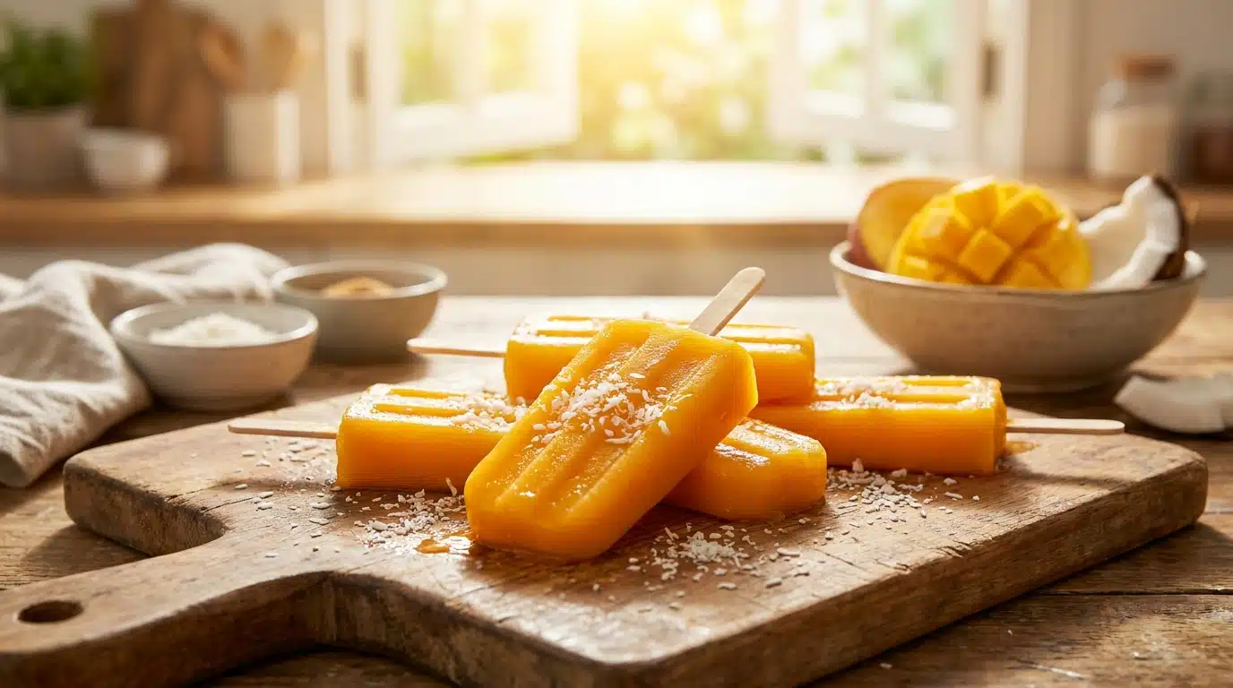 Magnums maison coco-mangue sur planche en bois au soleil