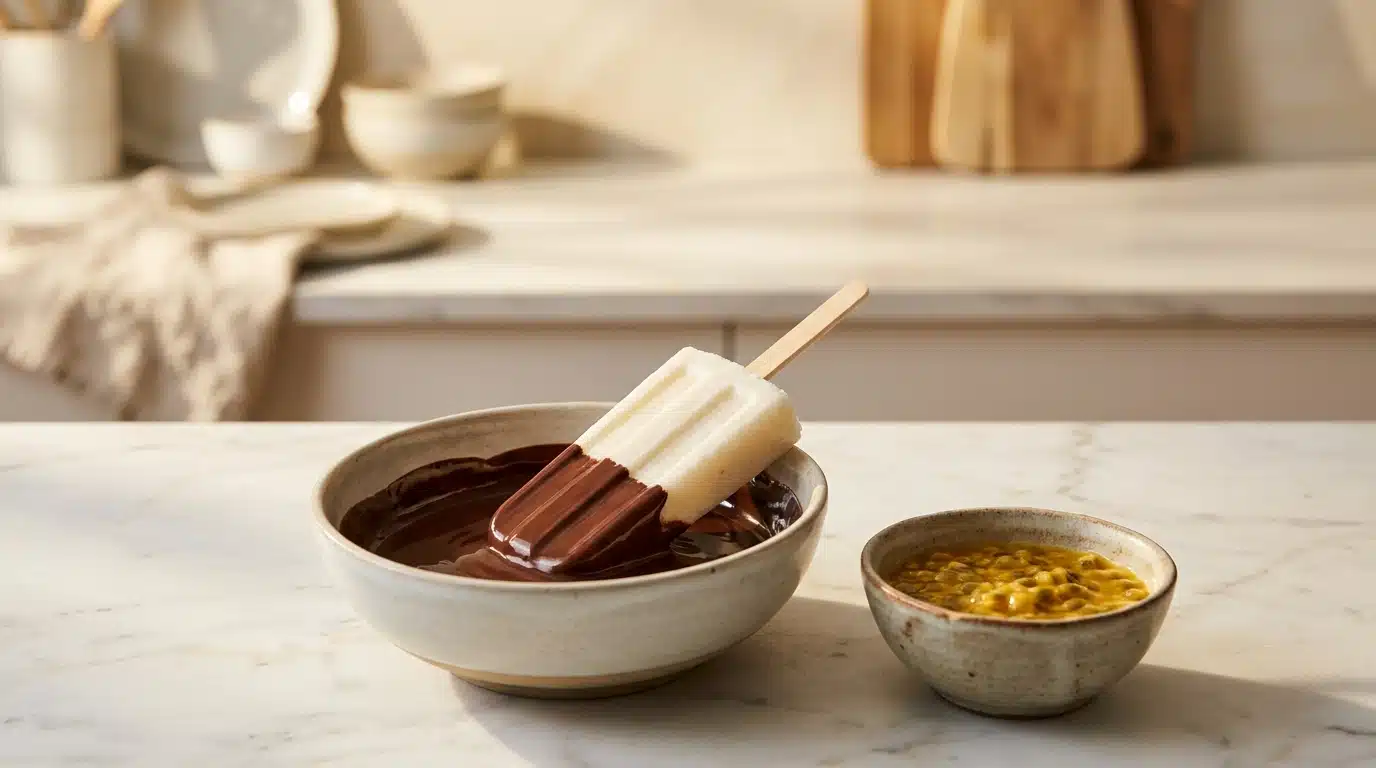 Bâtonnet glacé plongé dans du chocolat fondu avec pulpe de passion