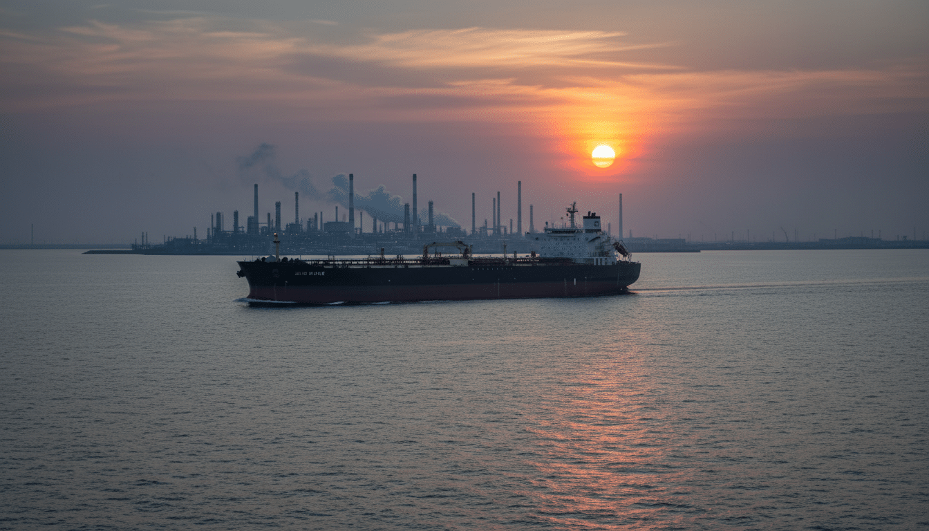 Pétrolier en mer avec raffinerie en arrière-plan au coucher du soleil