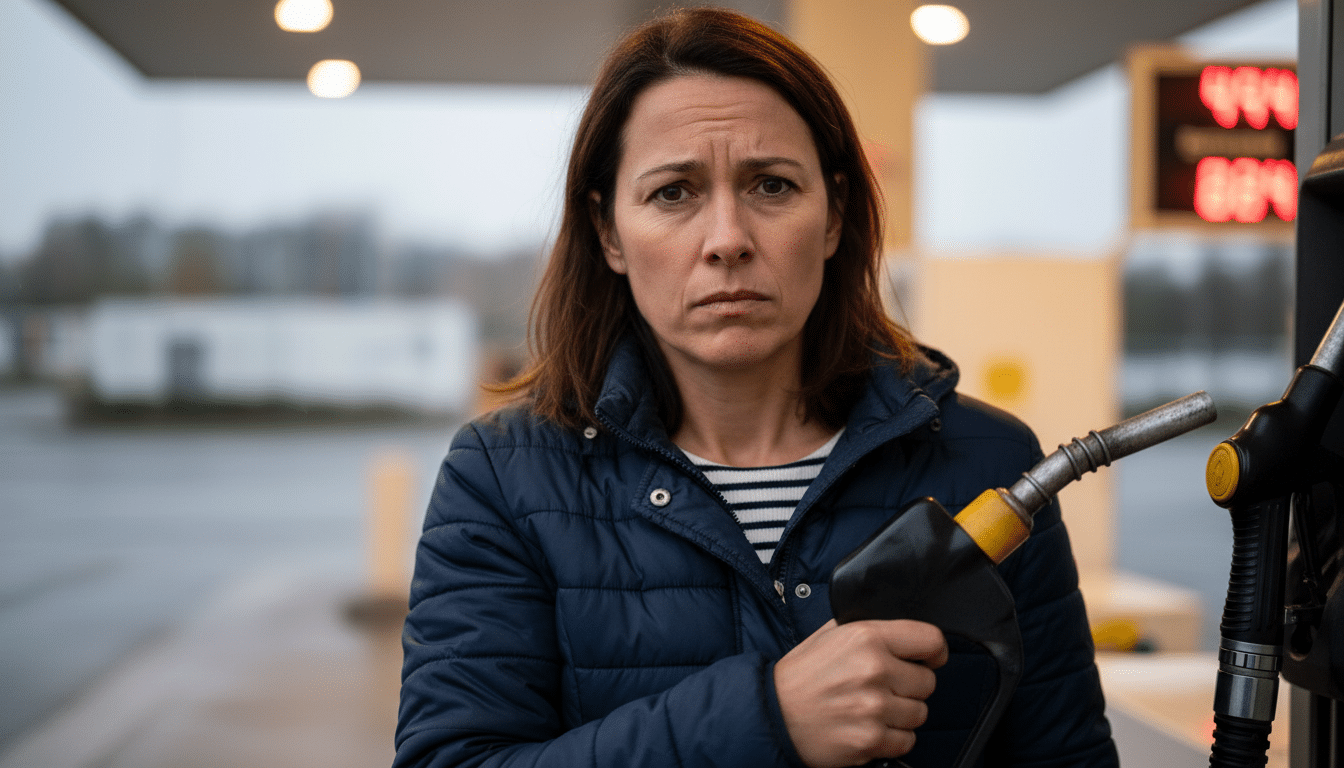 Automobiliste inquiète devant une pompe à essence en France