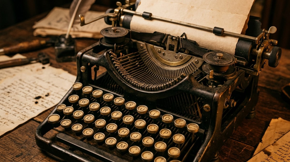 Machine à écrire ancienne avec clavier QWERTY breveté en 1878