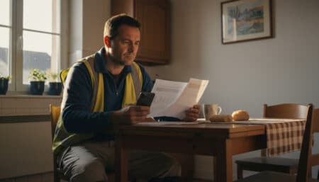 Maçon de 44 ans devant ses papiers de budget