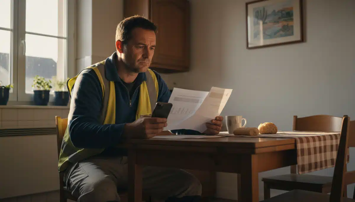 Maçon de 44 ans devant ses papiers de budget