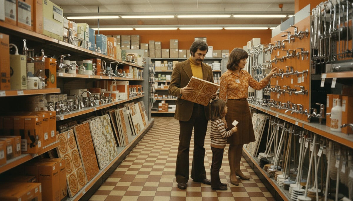 Magasin de bricolage français années 1970 rayon salle de bains