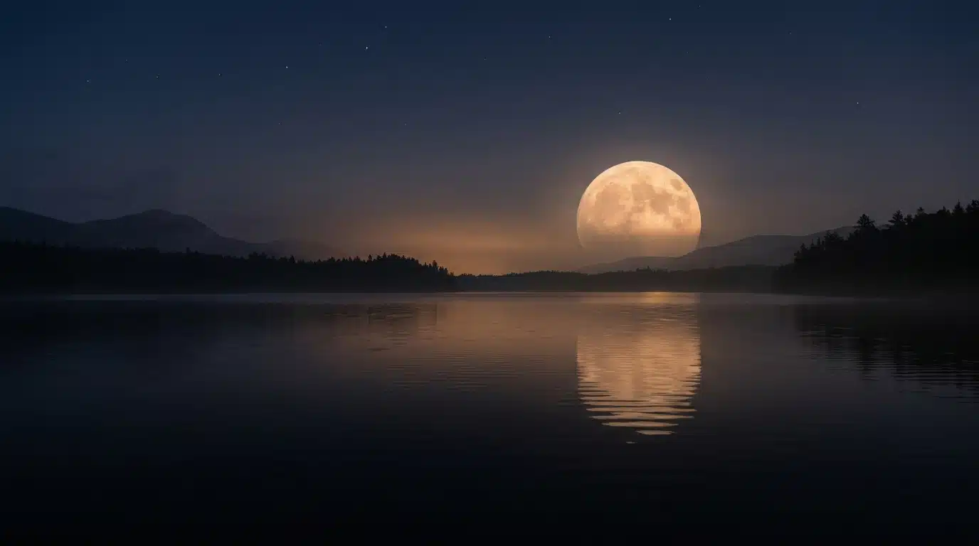 Pleine lune se reflétant sur un lac sombre et calme