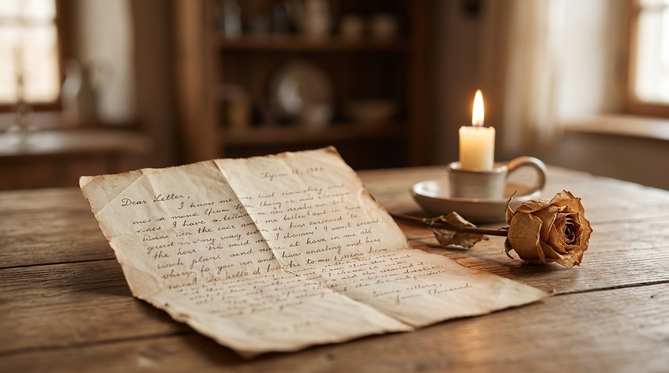 Vieille lettre manuscrite posée sur un bureau en bois