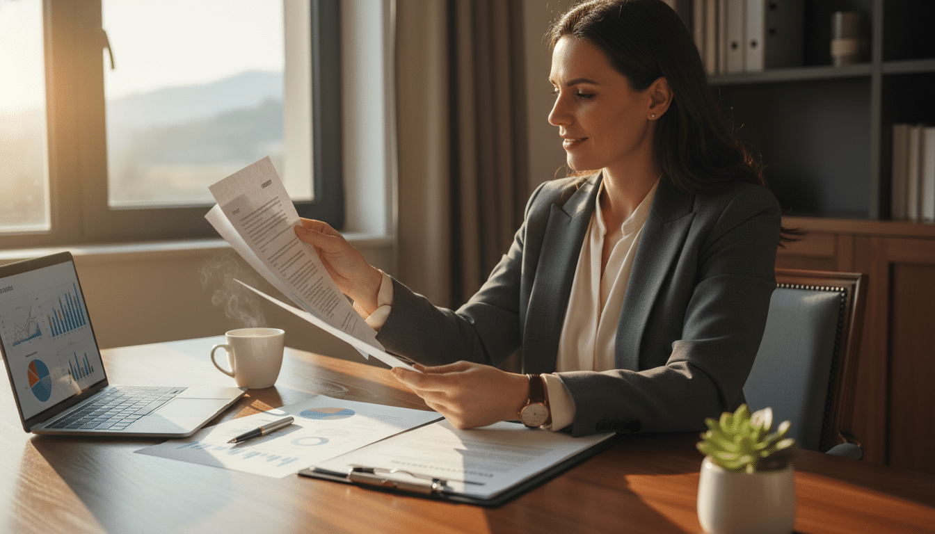 Personne signant des documents financiers dans une lumière dorée